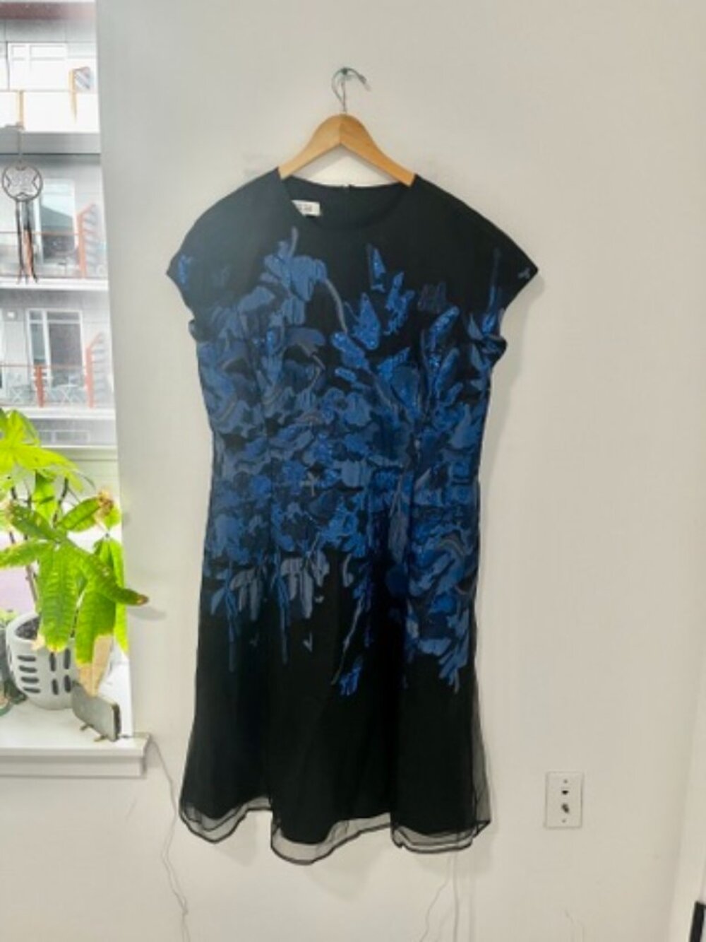 Rickie Freeman Teri John Black & Blue Floral Tulle Cap Sleeve Midi Dress Size 16